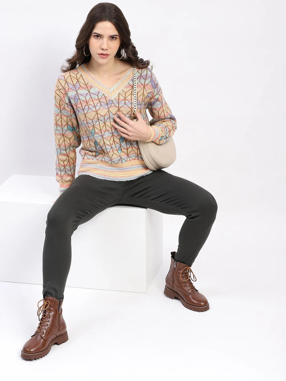 Multicolor Geometric V-Neck Pullover