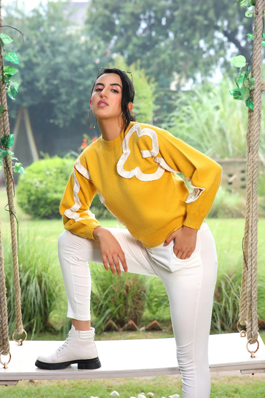 Ribbon Floral Embellished Pullover - Yellow