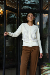 Cream Embellished Wool-Blend Cardigan