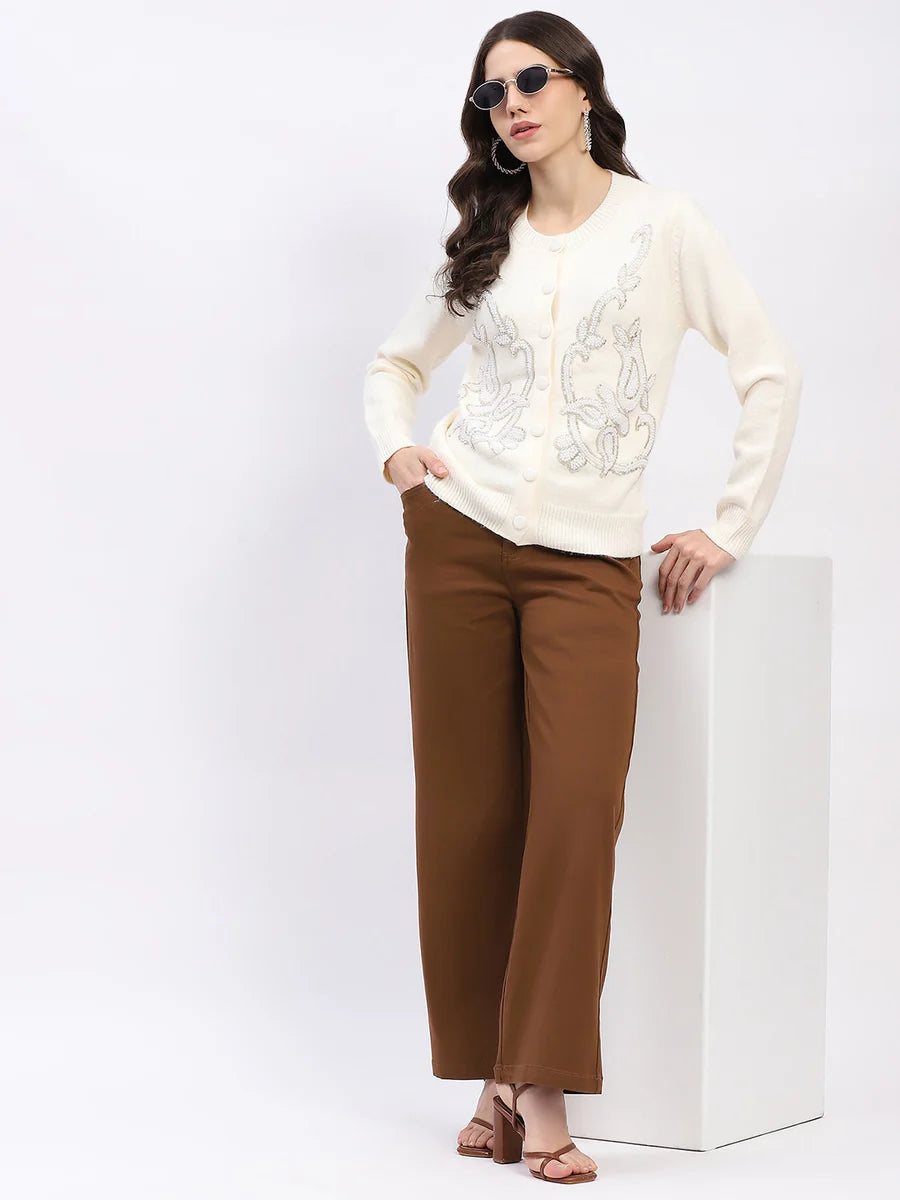 Cream Embellished Wool-Blend Cardigan