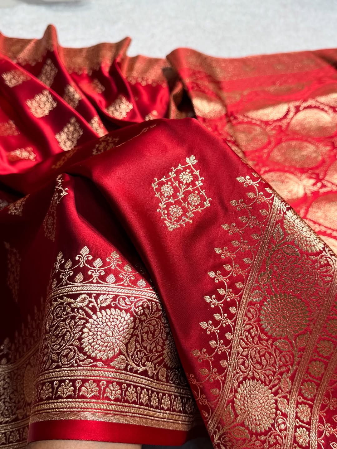 Classic Red Banarasi Silk Saree with Pure Golden Zari Buta & Floral Border