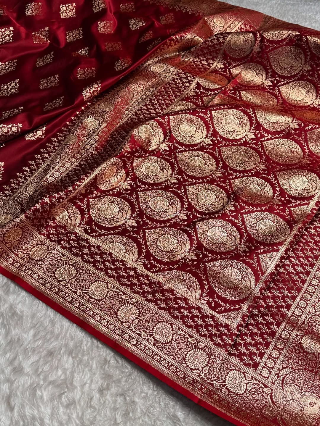 Classic Red Banarasi Silk Saree with Pure Golden Zari Buta & Floral Border