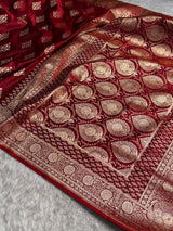 Classic Red Banarasi Silk Saree with Pure Golden Zari Buta & Floral Border