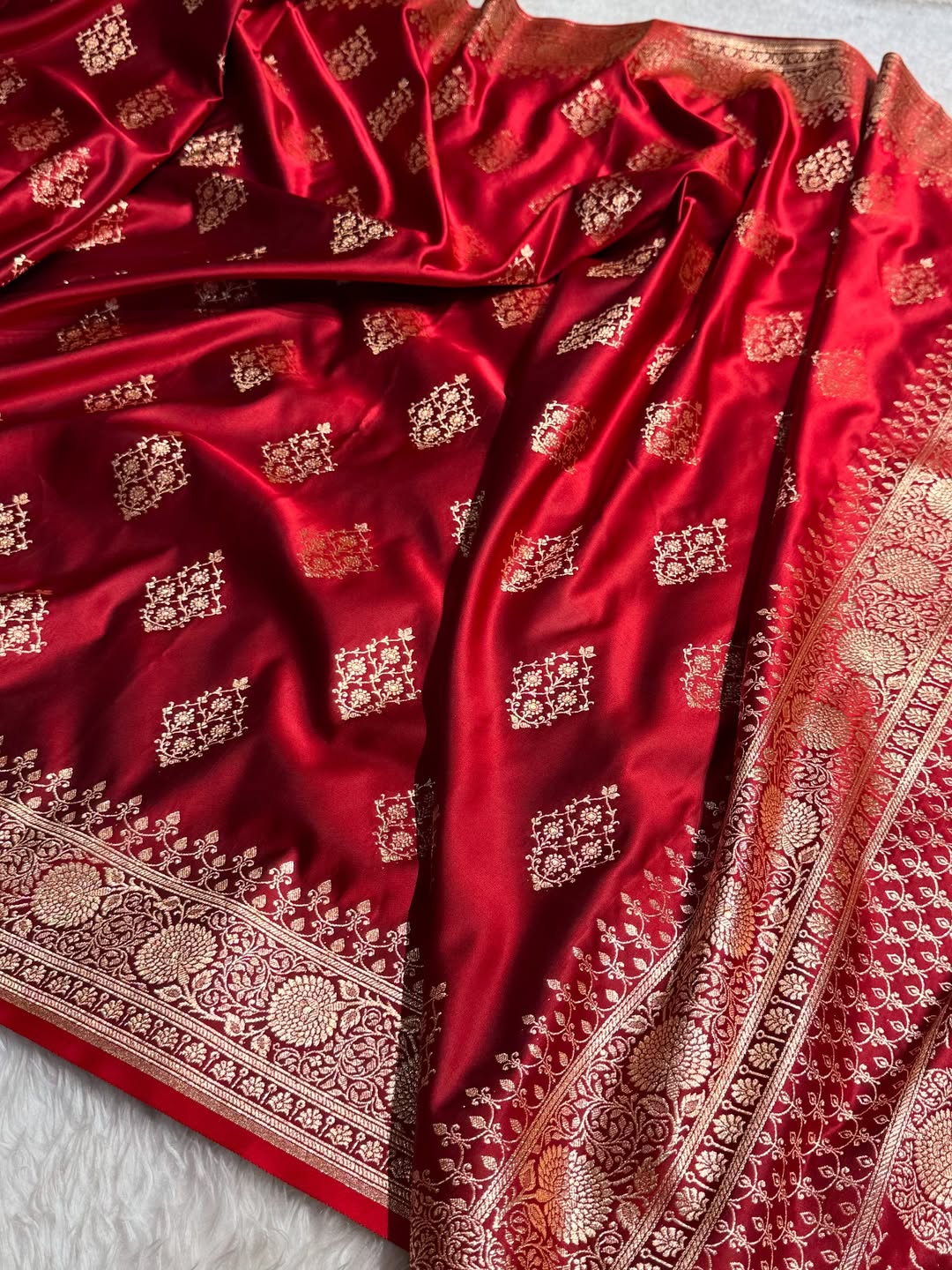 Classic Red Banarasi Silk Saree with Pure Golden Zari Buta & Floral Border