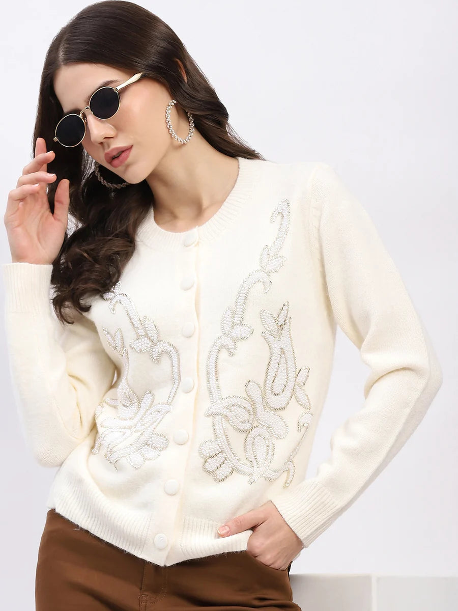 Cream Embellished Wool-Blend Cardigan