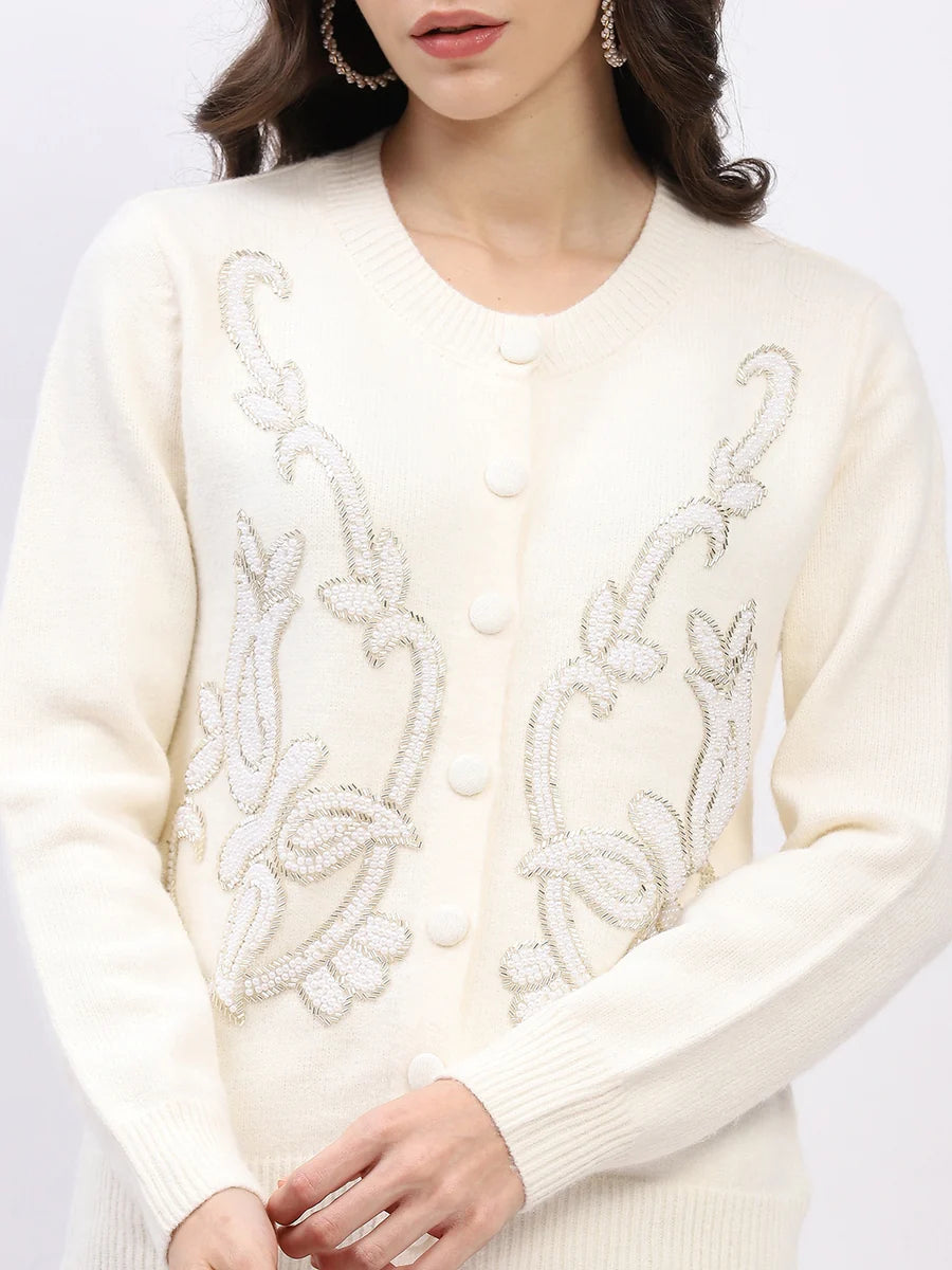 Cream Embellished Wool-Blend Cardigan