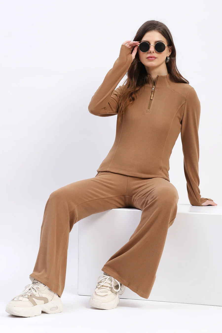 Beige Rayon Blend Bootcut Co-ord Set