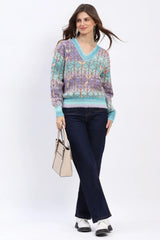 Multicolor Geometric V-Neck Pullover