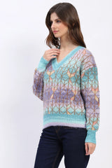 Multicolor Geometric V-Neck Pullover