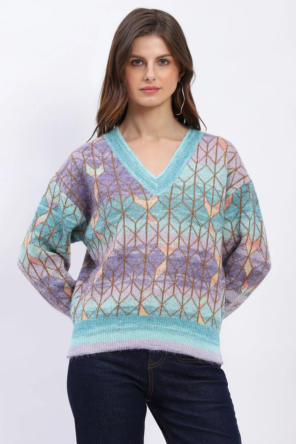 Multicolor Geometric V-Neck Pullover