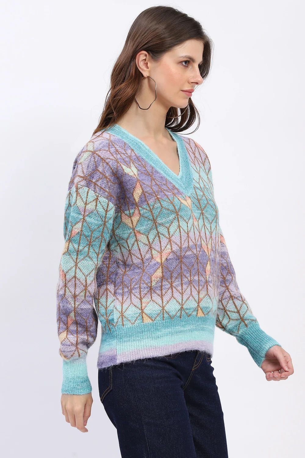 Multicolor Geometric V-Neck Pullover