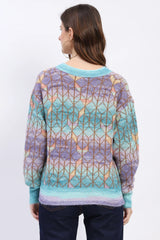 Multicolor Geometric V-Neck Pullover