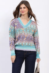 Multicolor Geometric V-Neck Pullover