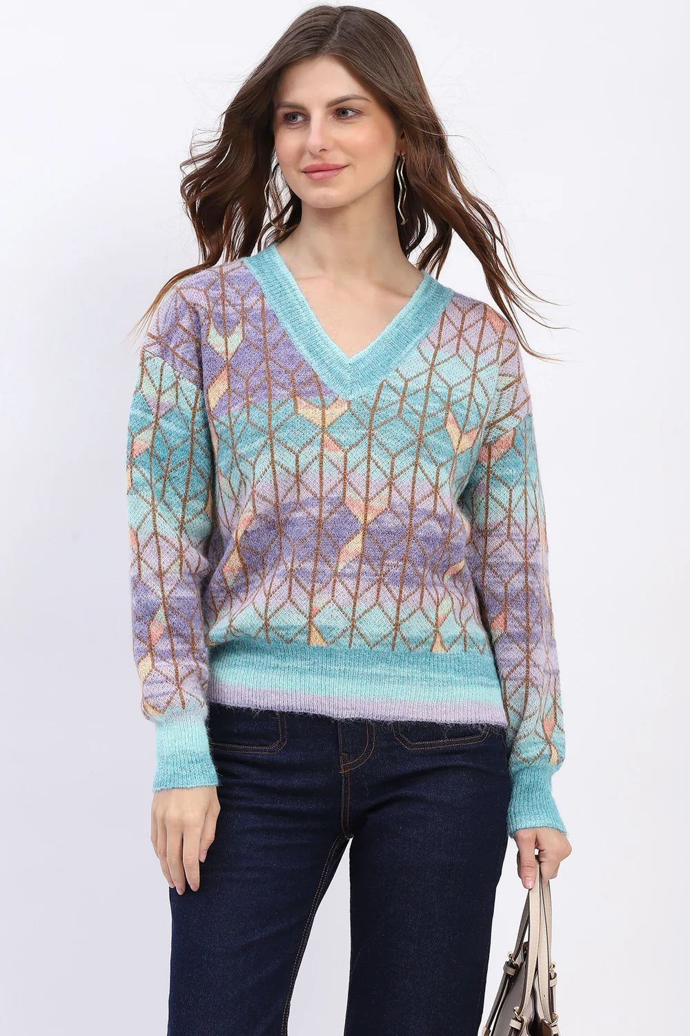 Multicolor Geometric V-Neck Pullover