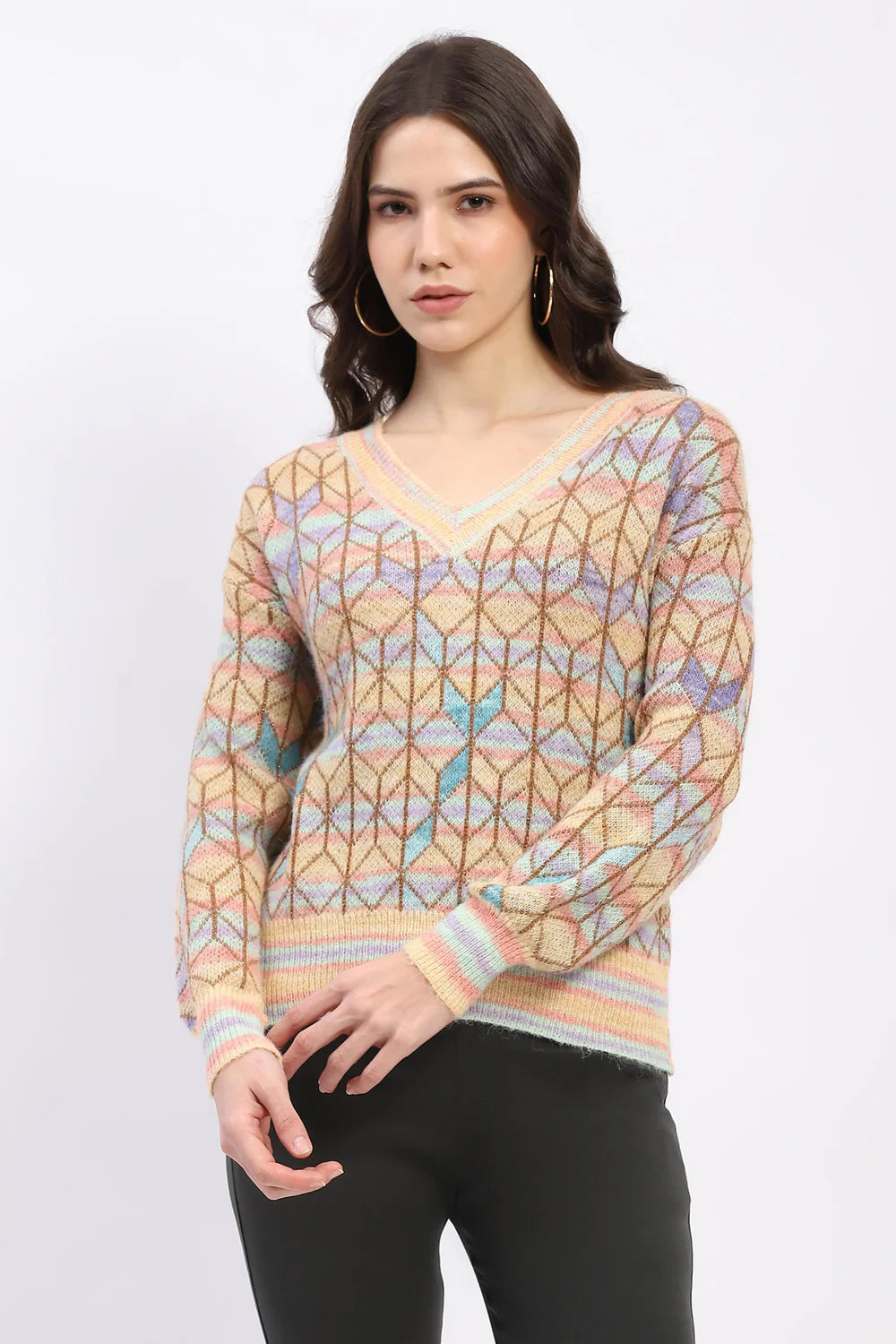 Multicolor Geometric V-Neck Pullover