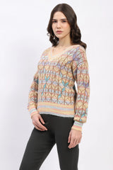 Multicolor Geometric V-Neck Pullover