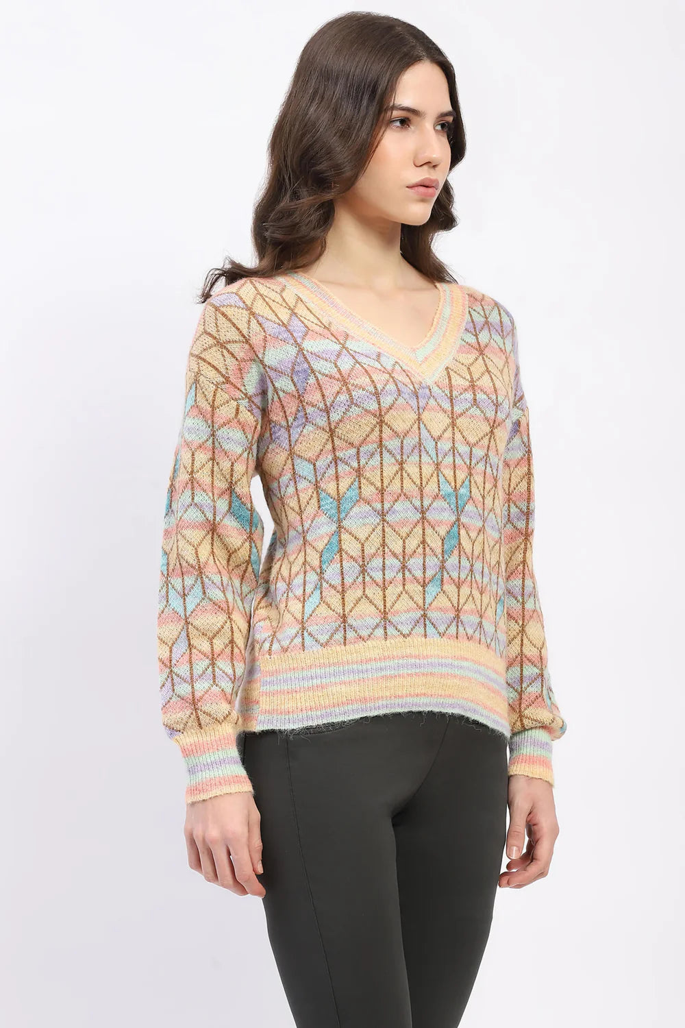 Multicolor Geometric V-Neck Pullover