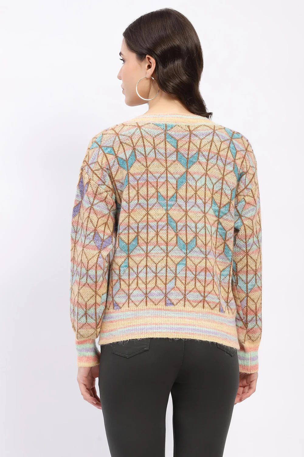 Multicolor Geometric V-Neck Pullover