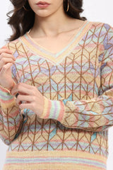 Multicolor Geometric V-Neck Pullover