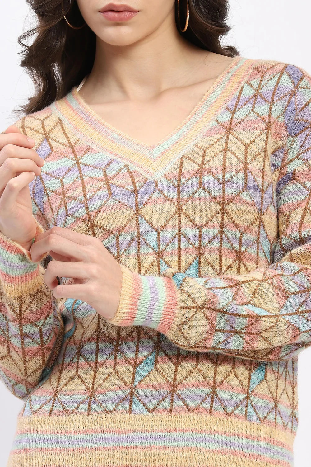 Multicolor Geometric V-Neck Pullover