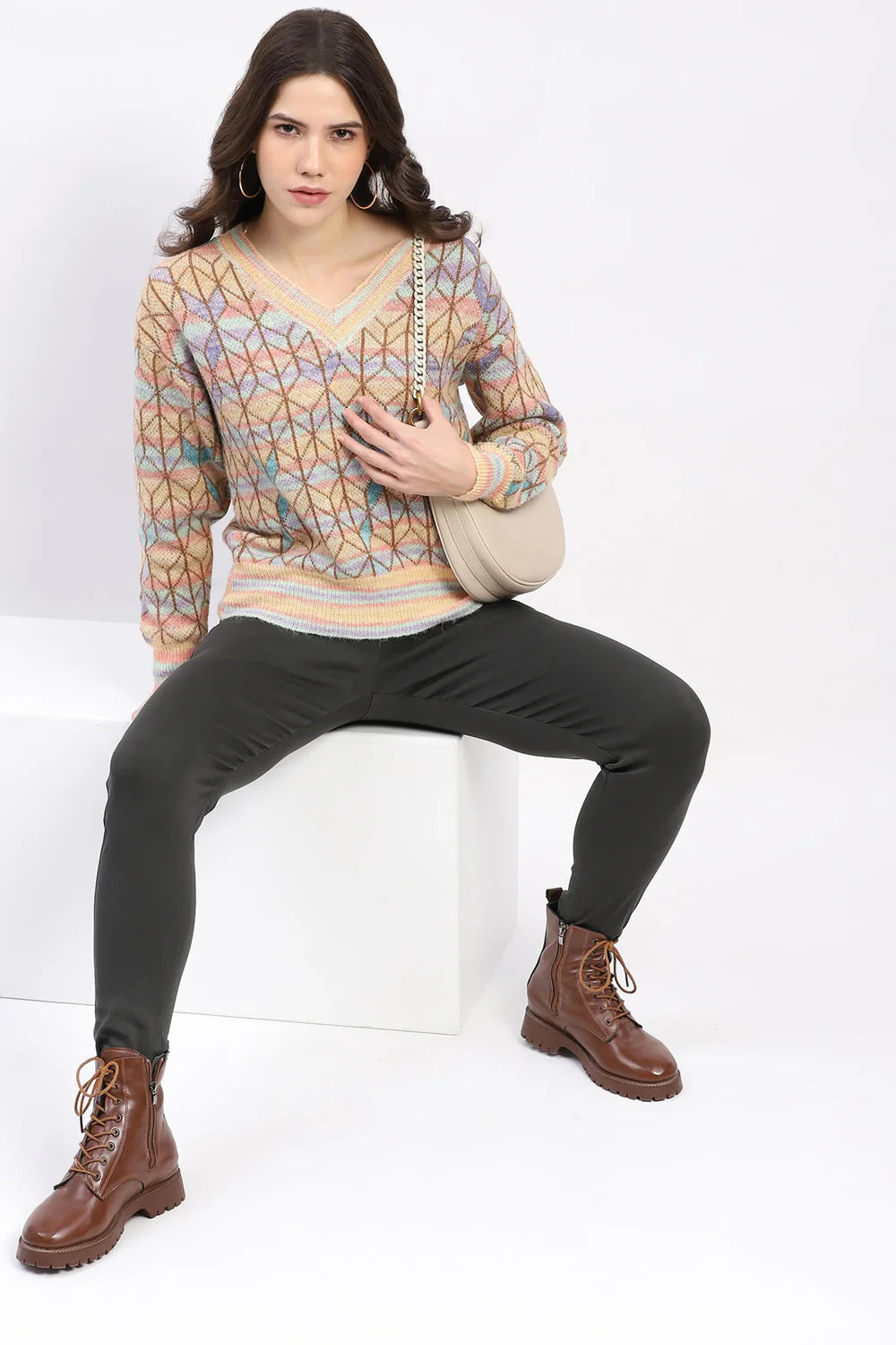 Multicolor Geometric V-Neck Pullover