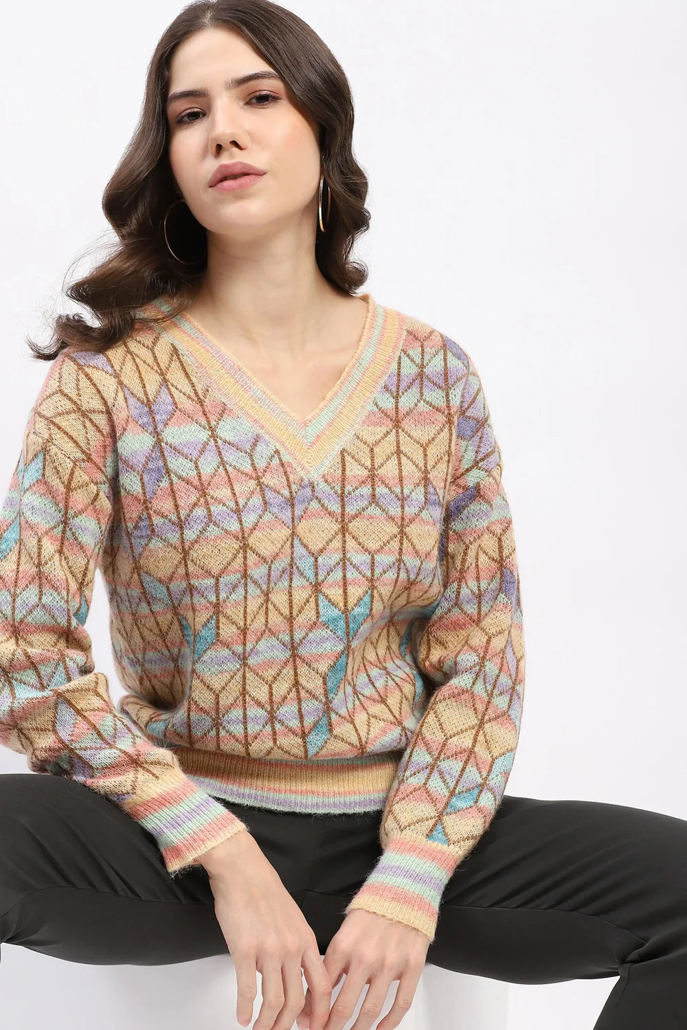 Multicolor Geometric V-Neck Pullover