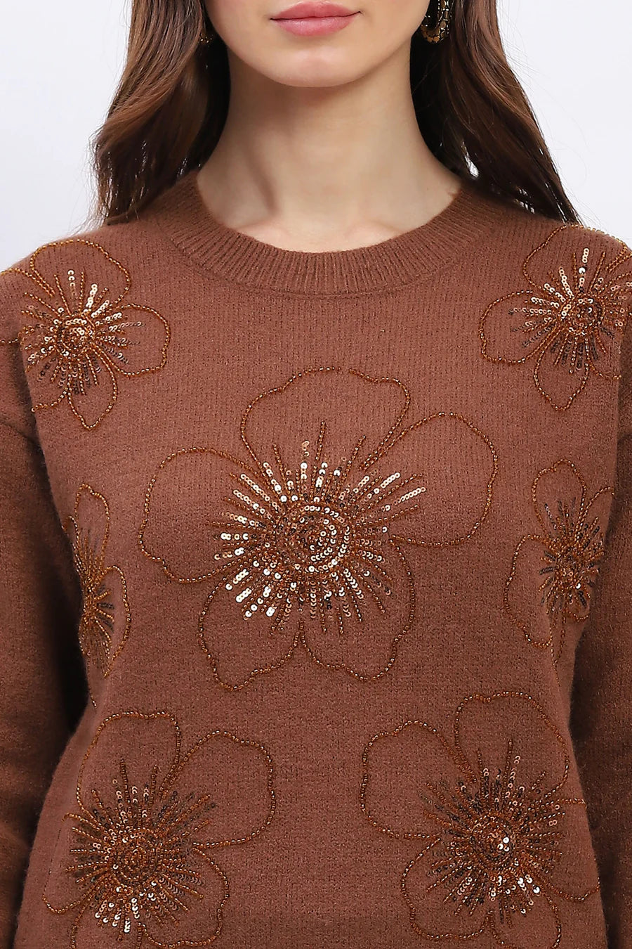 Brown Floral Embellished Winter Pullover
