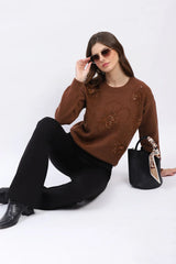 Brown Floral Embellished Winter Pullover