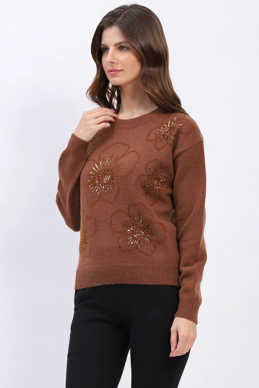 Brown Floral Embellished Winter Pullover