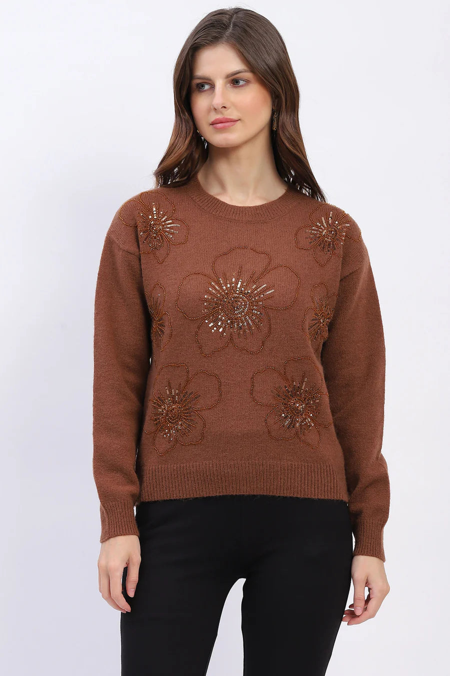 Brown Floral Embellished Winter Pullover