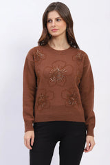 Brown Floral Embellished Winter Pullover