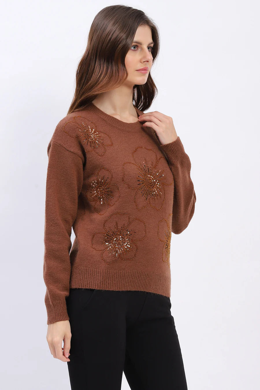 Brown Floral Embellished Winter Pullover