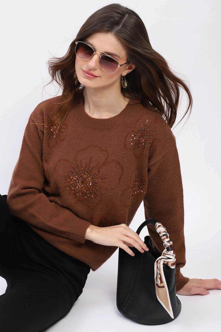 Brown Floral Embellished Winter Pullover