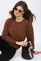 Brown Floral Embellished Winter Pullover
