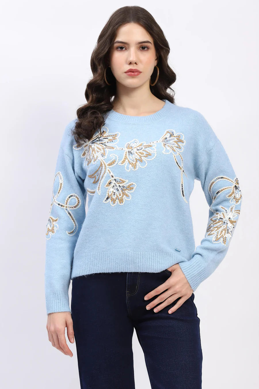 Blue Embroidered Wool Blend Pullover