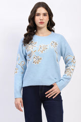 Blue Embroidered Wool Blend Pullover