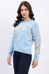 Blue Embroidered Wool Blend Pullover