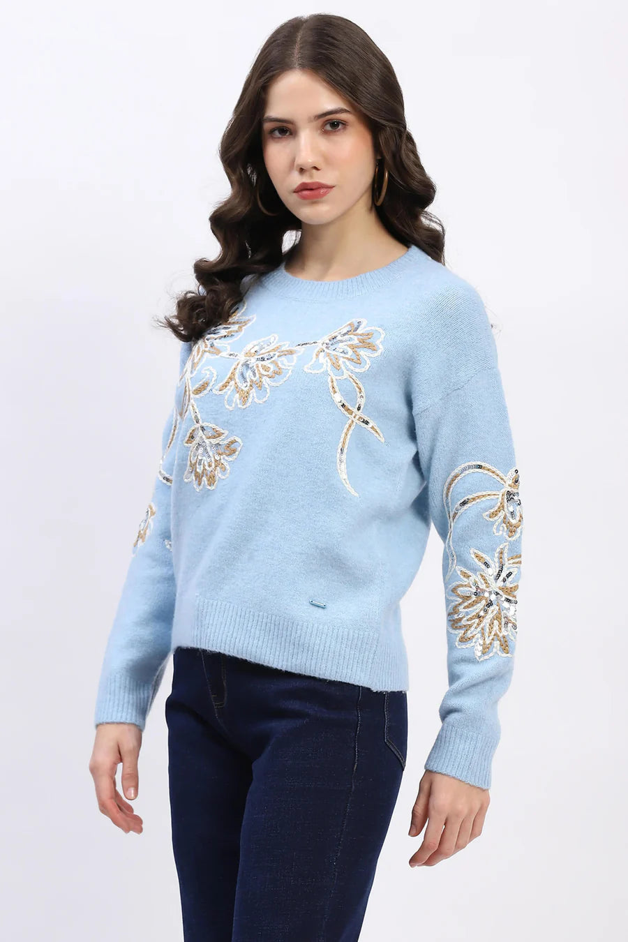 Blue Embroidered Wool Blend Pullover