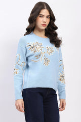 Blue Embroidered Wool Blend Pullover
