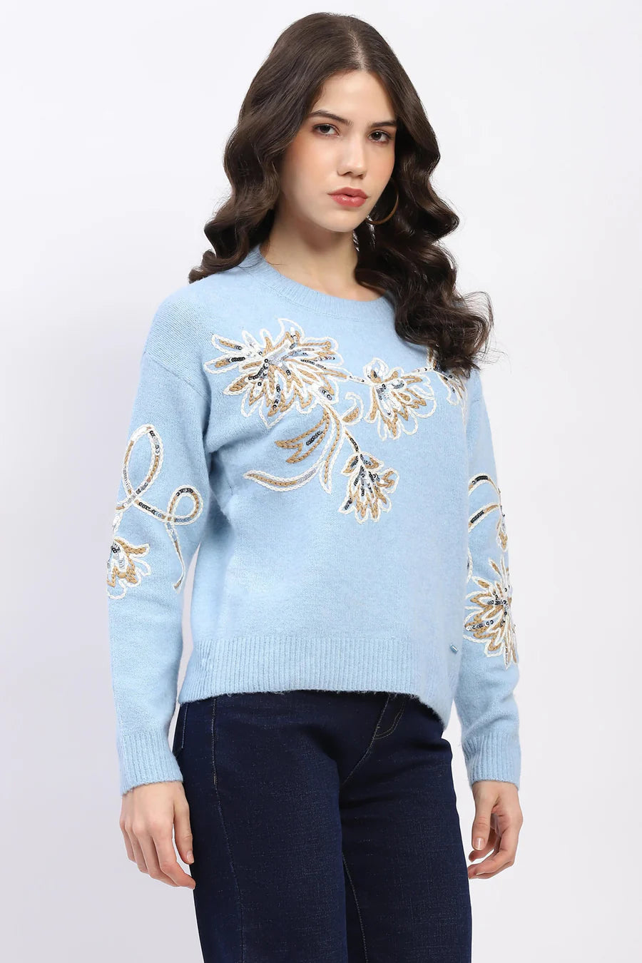 Blue Embroidered Wool Blend Pullover