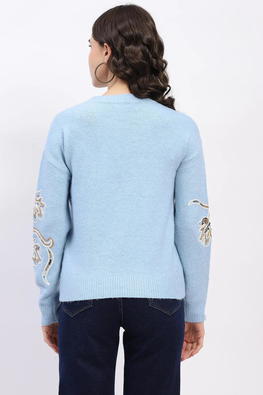 Blue Embroidered Wool Blend Pullover