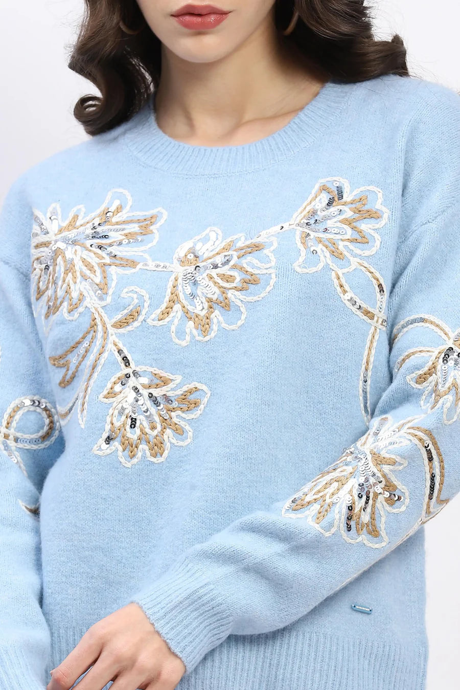 Blue Embroidered Wool Blend Pullover