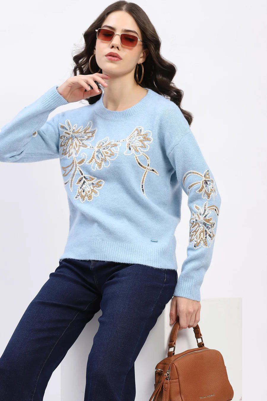 Blue Embroidered Wool Blend Pullover