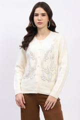 Cream Embellished Wool-Blend Cardigan