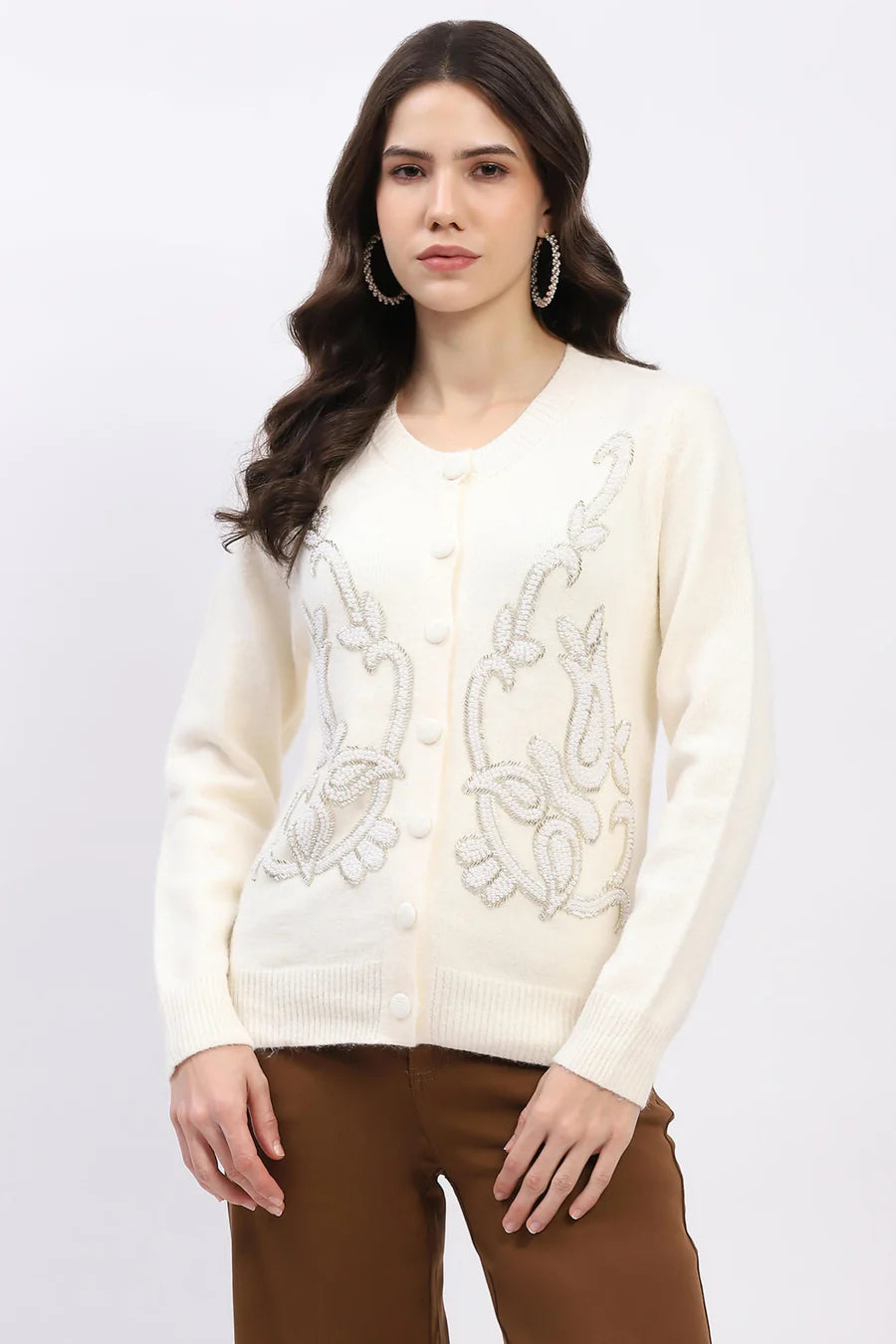 Cream Embellished Wool-Blend Cardigan