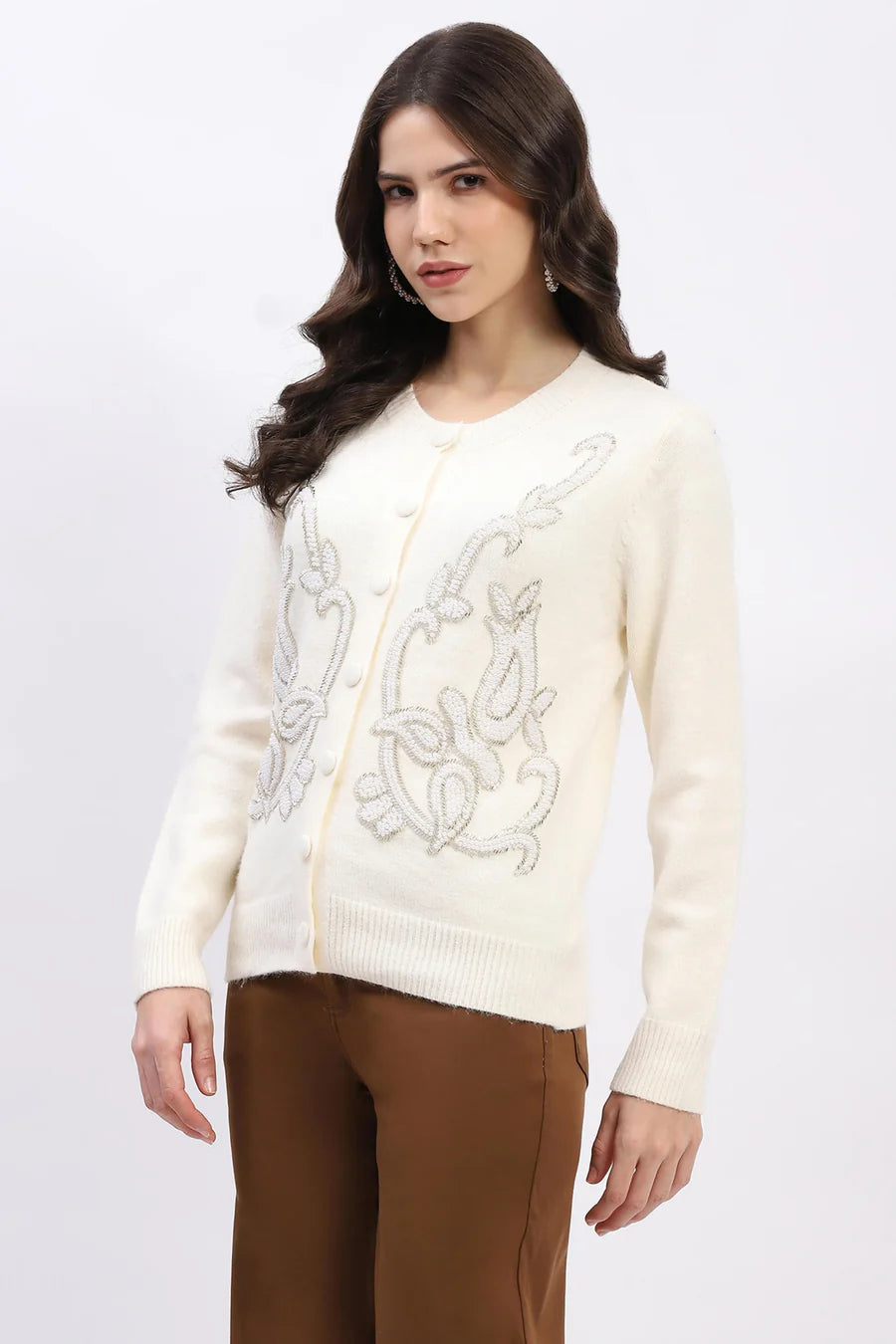 Cream Embellished Wool-Blend Cardigan