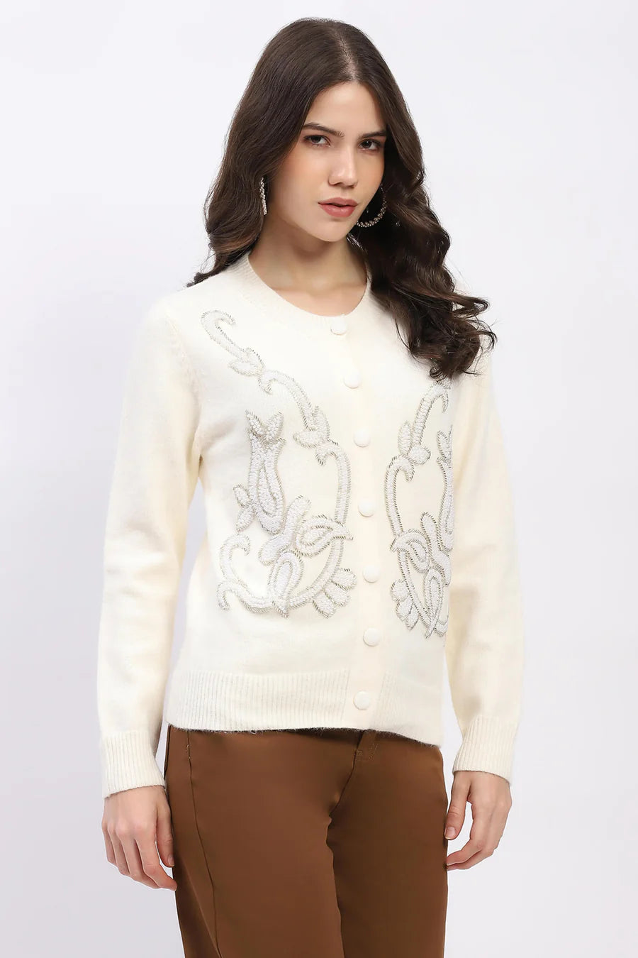 Cream Embellished Wool-Blend Cardigan