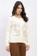 Cream Embellished Wool-Blend Cardigan
