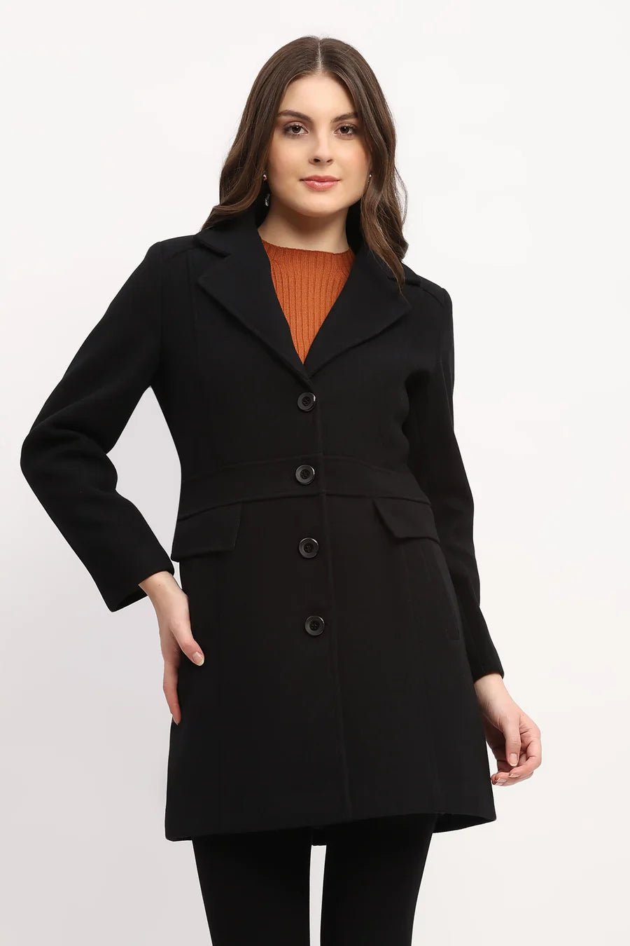 Black Polyester Blend Belted Coat