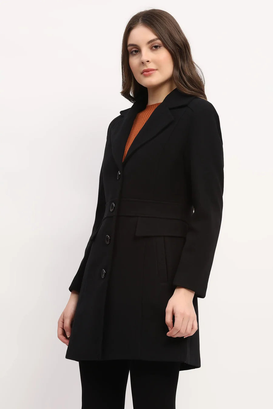 Black Polyester Blend Belted Coat